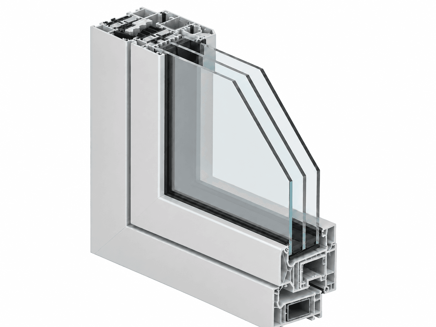 Doorsnede van een wit PVC raamprofiel met isolerende beglazing